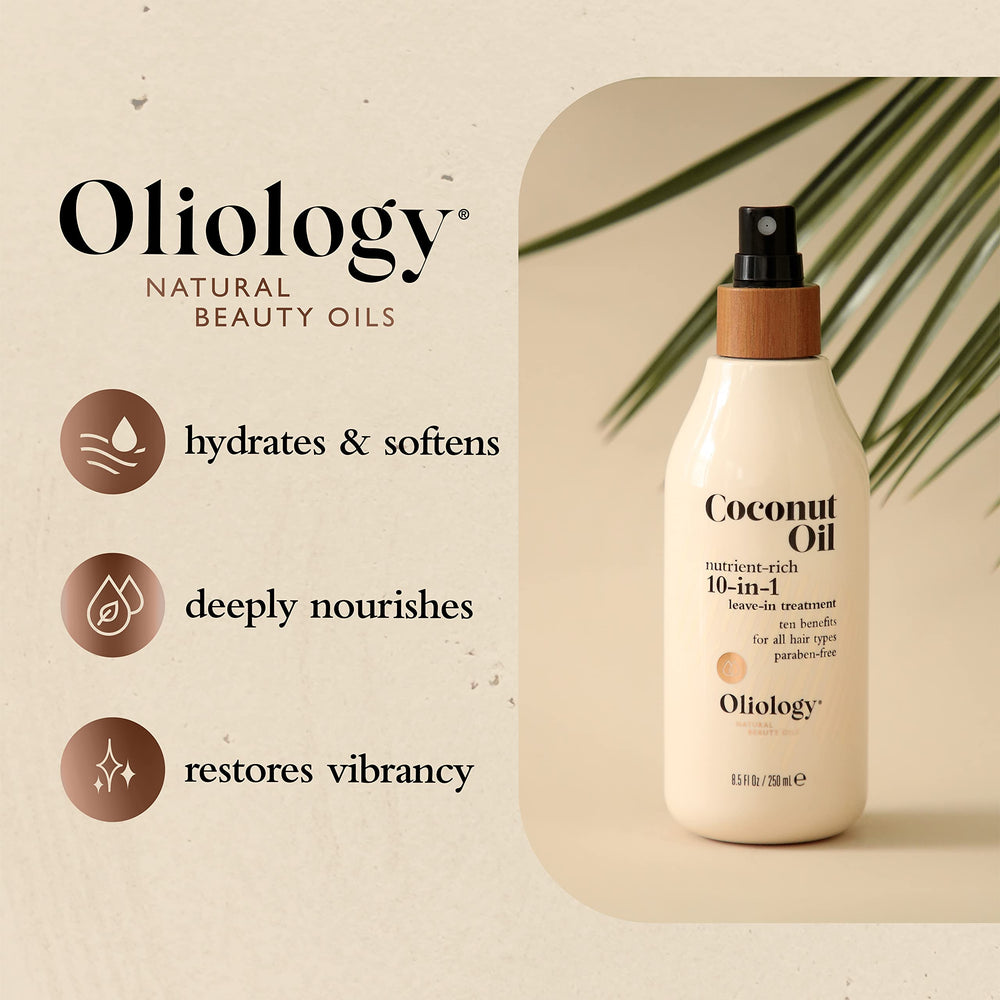 Oliology Coconut Oil 10-en-1, aplicación suave en la mano para cabello manejable.