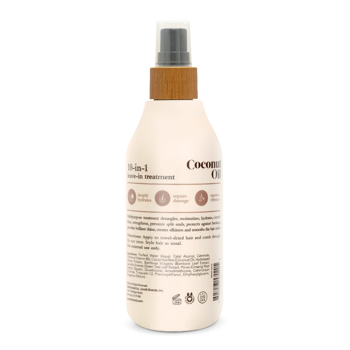 Oliology Coconut Oil 10-en-1, etiqueta, información de beneficios para el cabello.