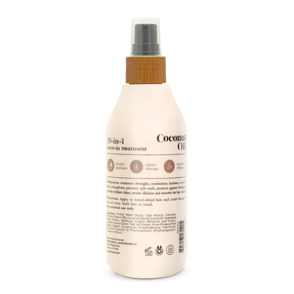 Oliology Coconut Oil 10-en-1, etiqueta, información de beneficios para el cabello.