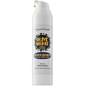 Olive Gold 03 Lotion, botella de hidratante ozonizado para rostro y cuerpo.