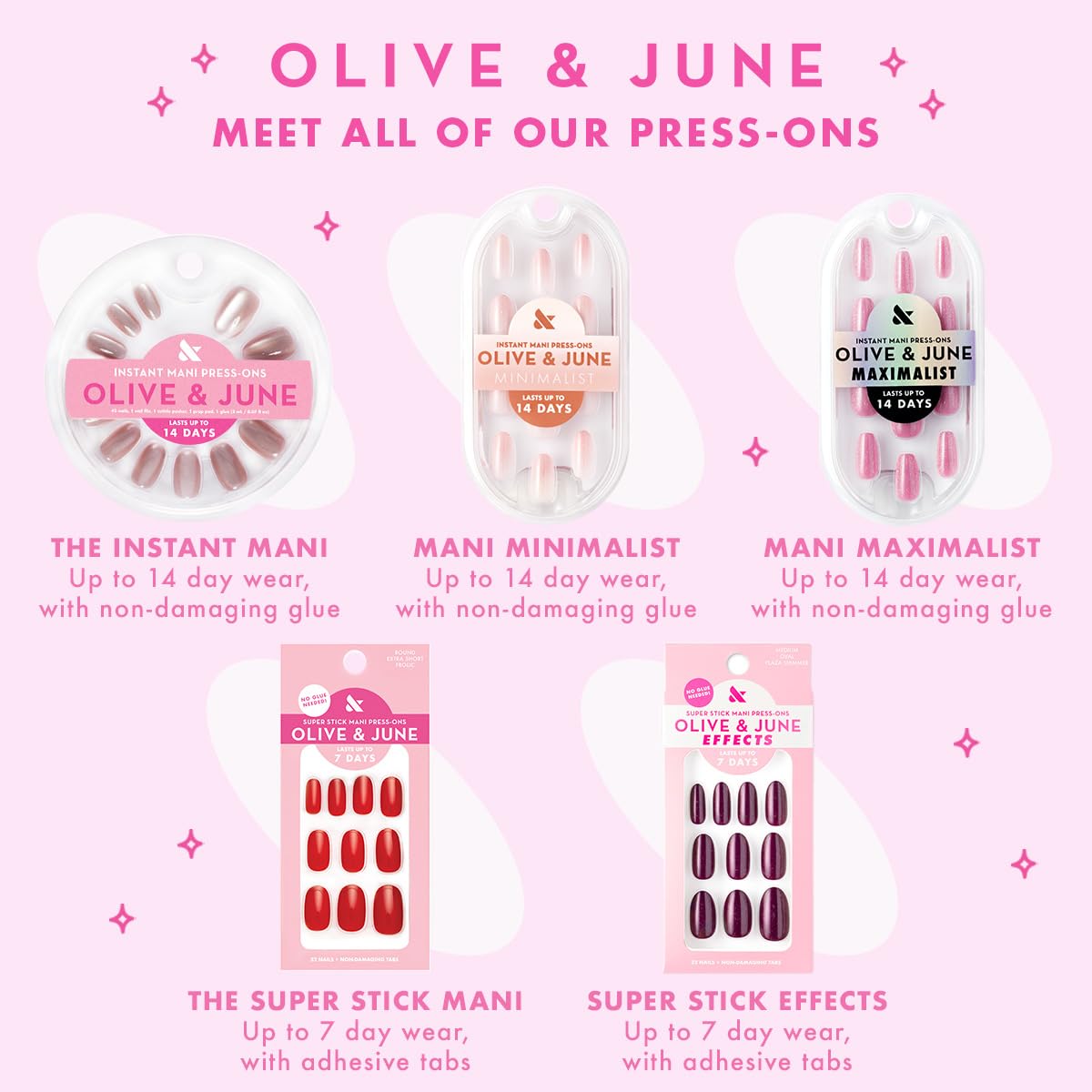 Olive & June Instant Mani variedad de colores y diseños para distintos estilos.