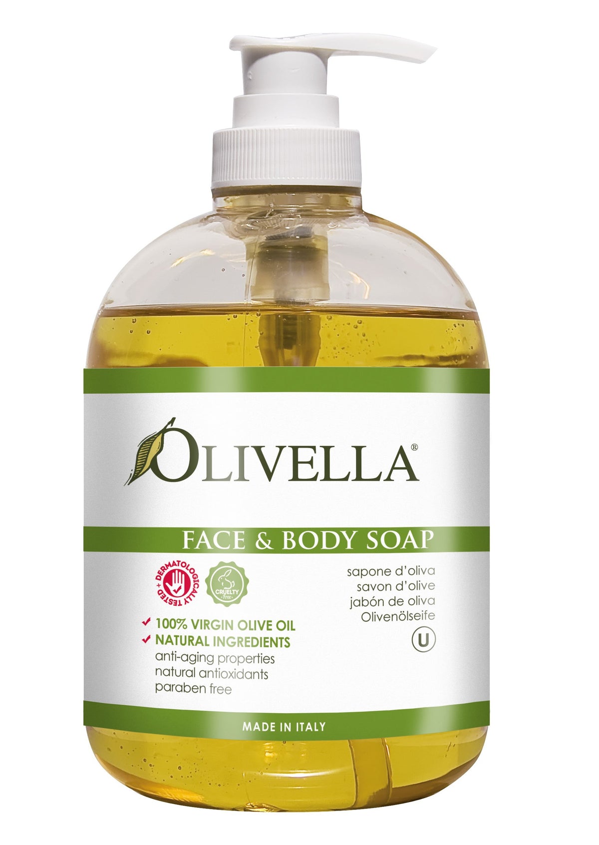 Jabón Olivella en bomba de aceite de oliva virgen italiana para rostro y cuerpo; cuidado suave y nutritivo