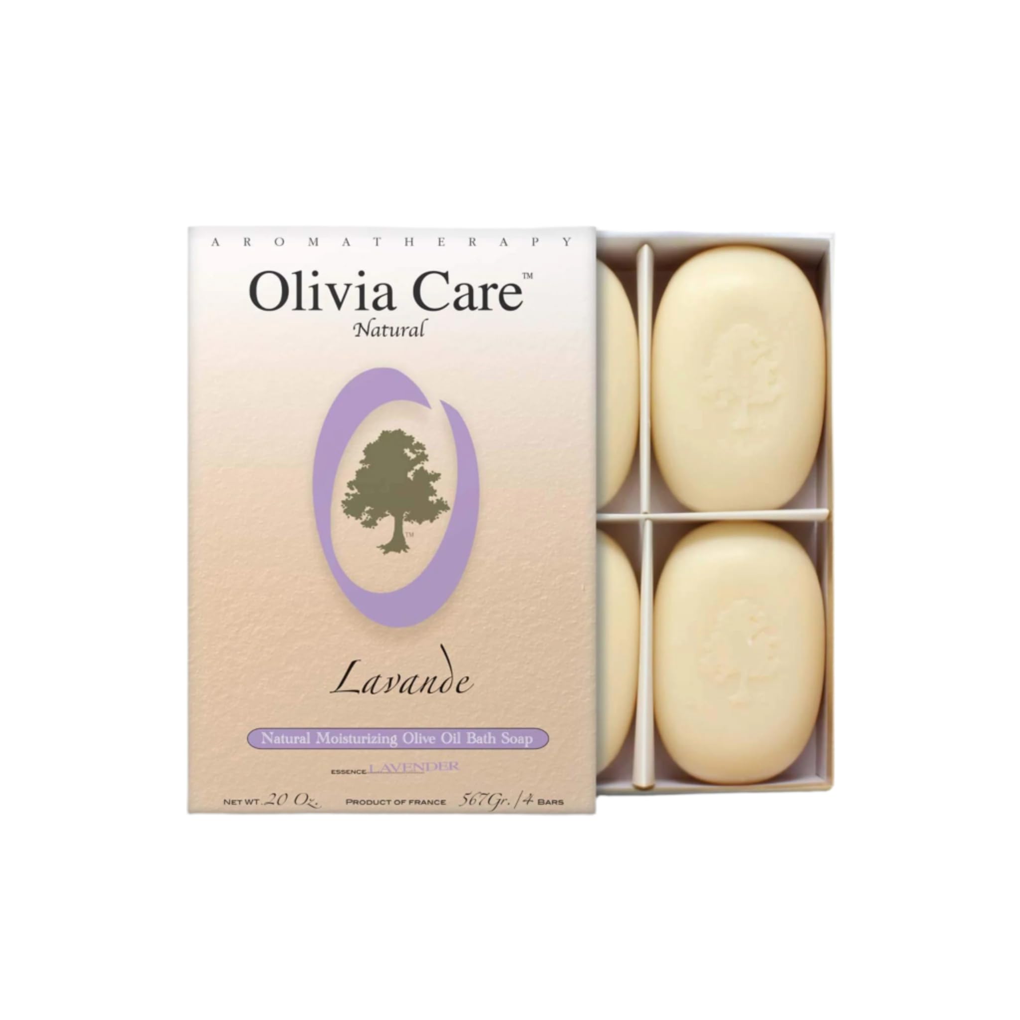 Olivia Care jabon lavanda 4 piezas en caja, ideal para regalo o uso diario.