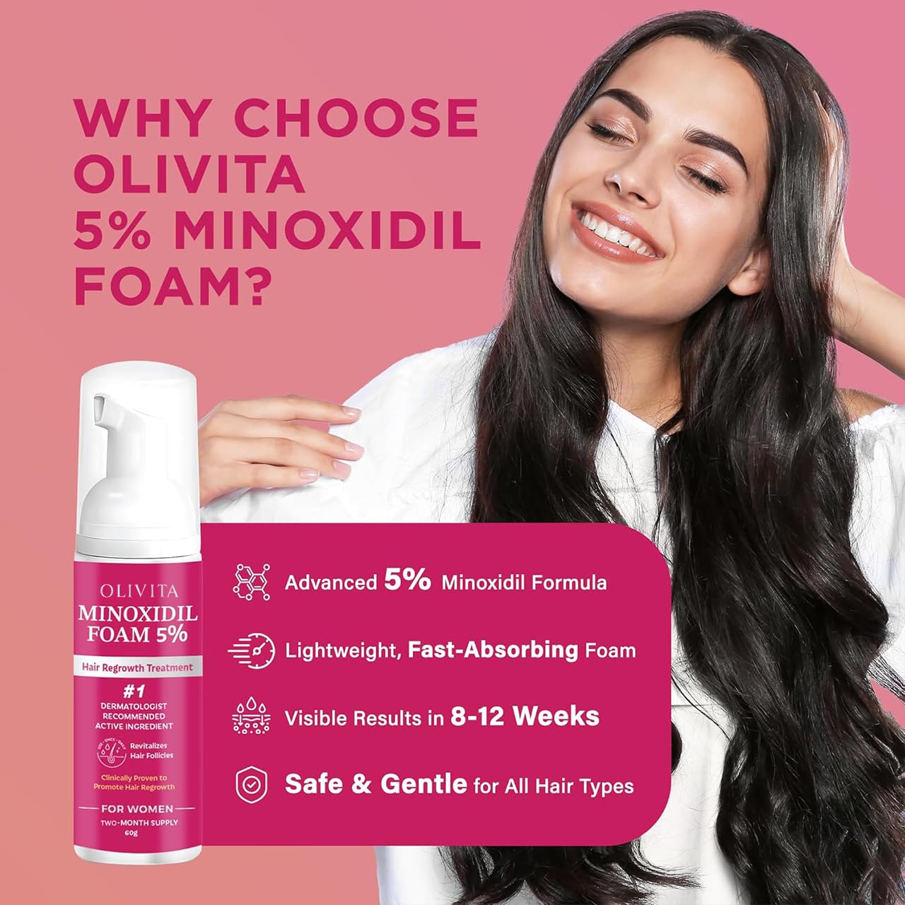 OLIVITA Minoxidil Mousse – application rapide sans résidu gras après utilisation.