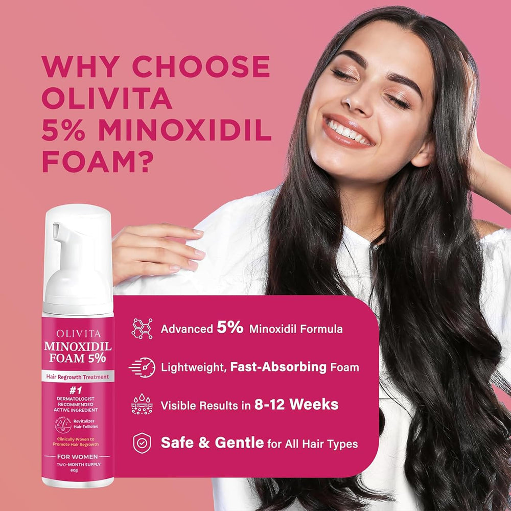 OLIVITA Minoxidil Mousse – application rapide sans résidu gras après utilisation.