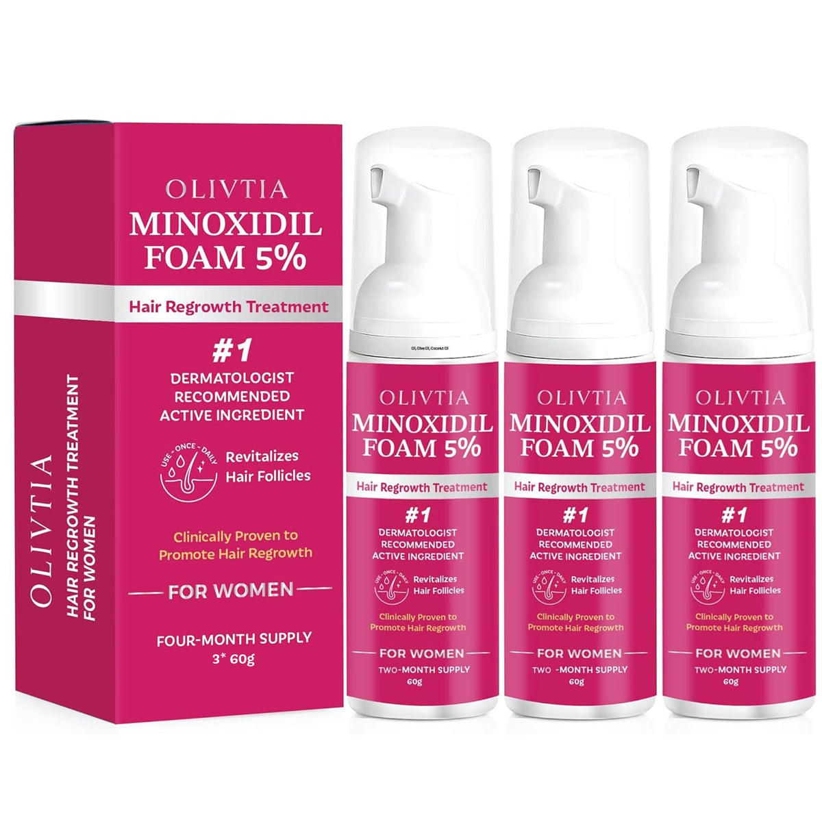 OLIVITA 5% Minoxidil Mousse, bouteille pratique pour application propre et quotidienne.
