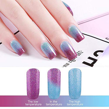 Omainy esmalte gel cambio de color azul a blanco, efecto refrescante.