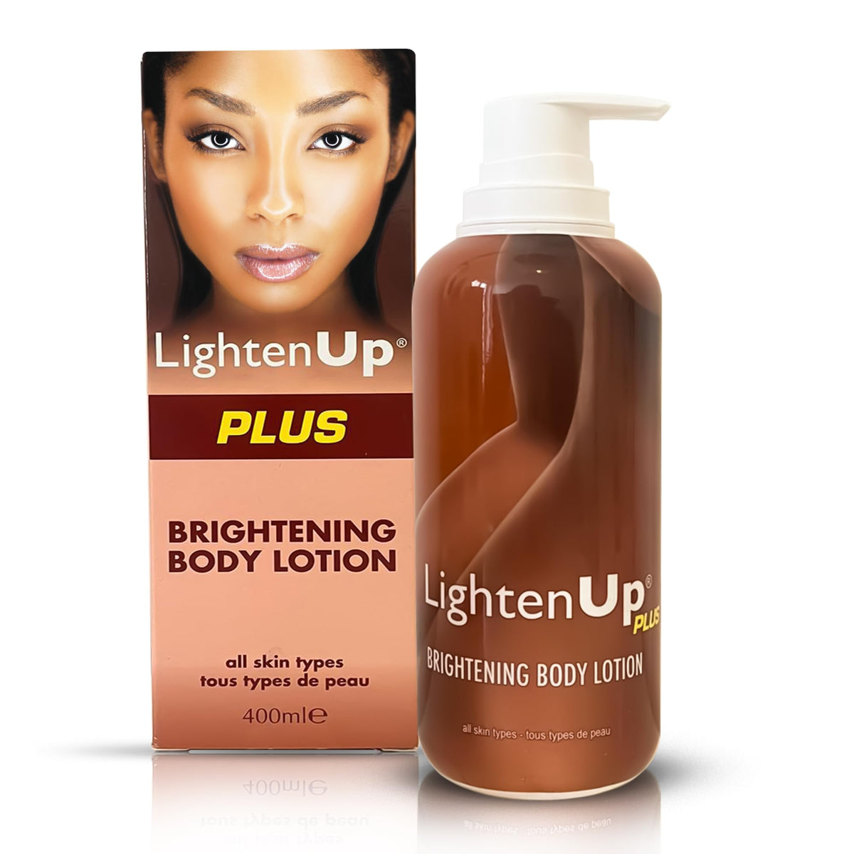 OMIC Lighten-Up loción corporal en botella, hidratación profunda para piel suave.