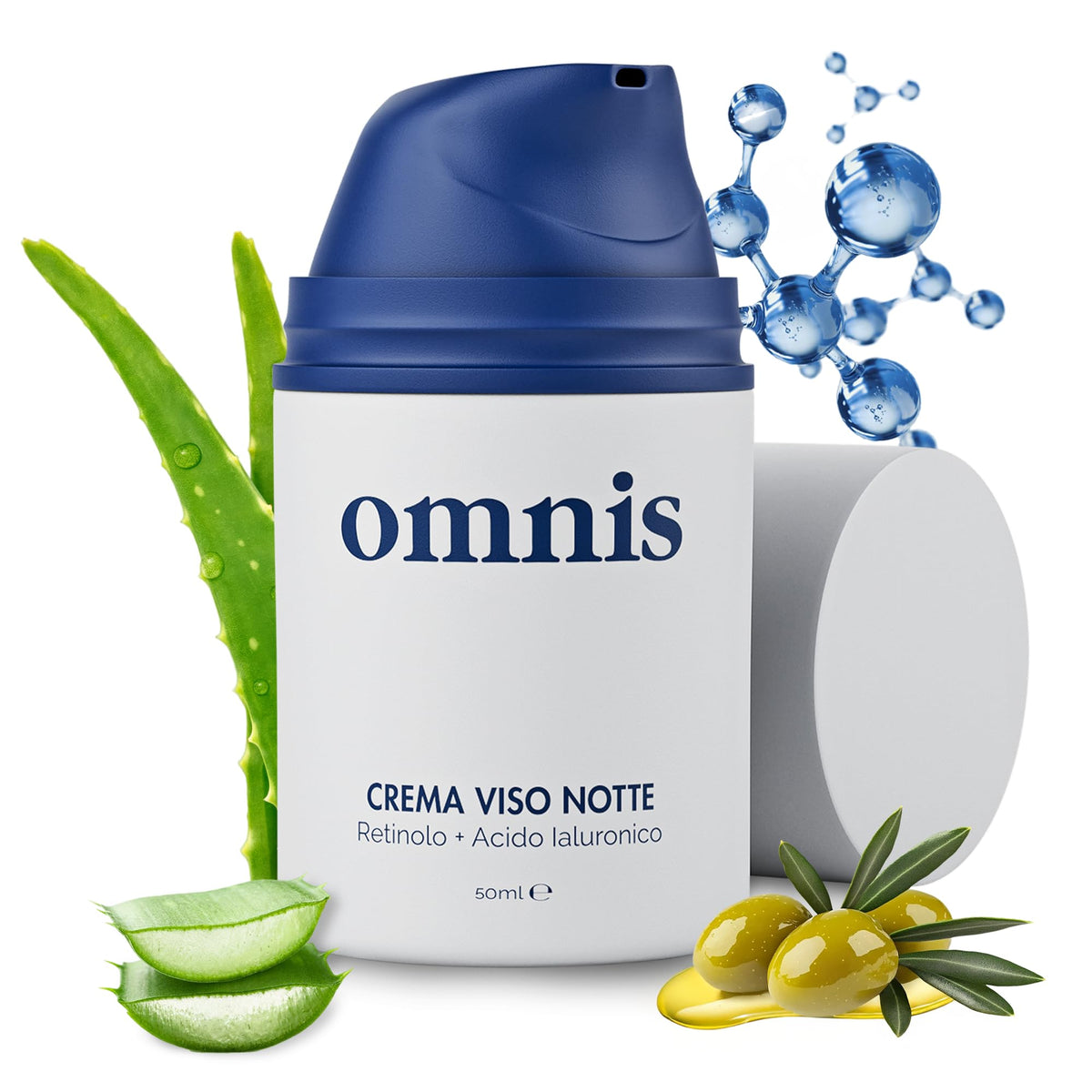 Omnis Uomo Crema Facial, botella volcada, suaviza líneas finas y brinda hidratación duradera.