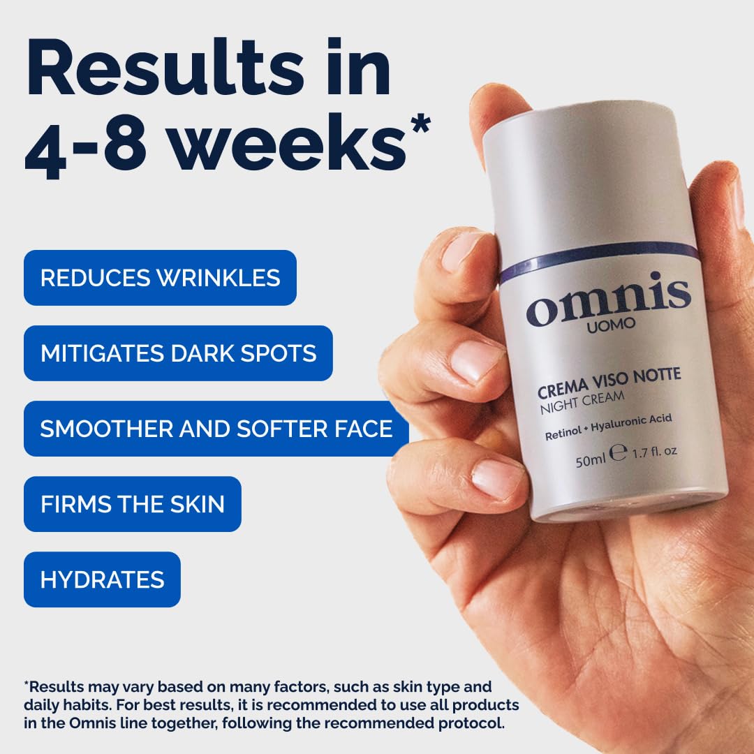 Omnis Uomo Crema Facial, textura cremosa, mejora elasticidad y sensación de suavidad.