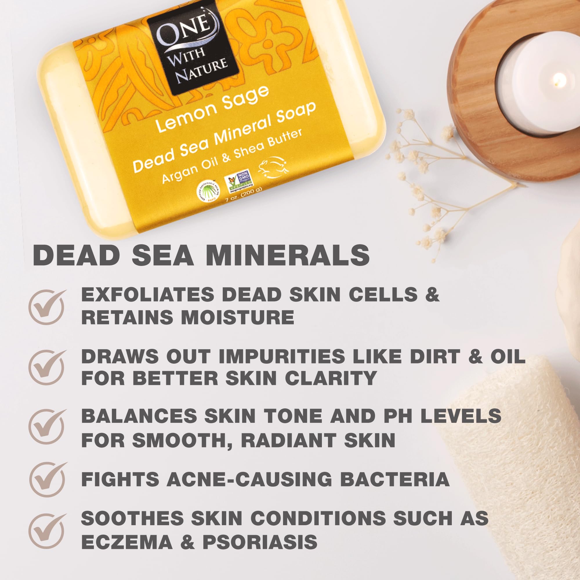 One With Nature barra exfoliante con minerales del Mar Muerto para piel suave.