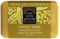 One With Nature Jabon Barra Minerales-del-mar-muerto-limon-verbena-textura-mineral-closeup, textura mineral suave para la piel.