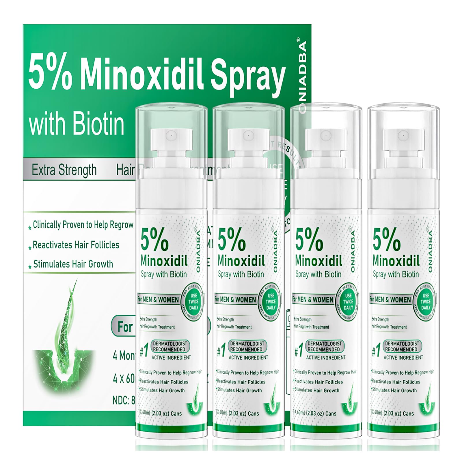 Botella de ONIADBA Minoxidil para aplicación capilar rápida y efectiva.