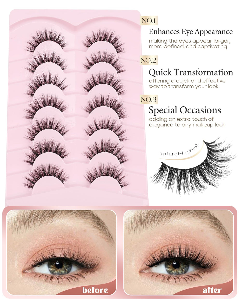 Onlyall Pestañas Naturales Wispy — adaptadas a ojos almendrados para mayor comodidad.