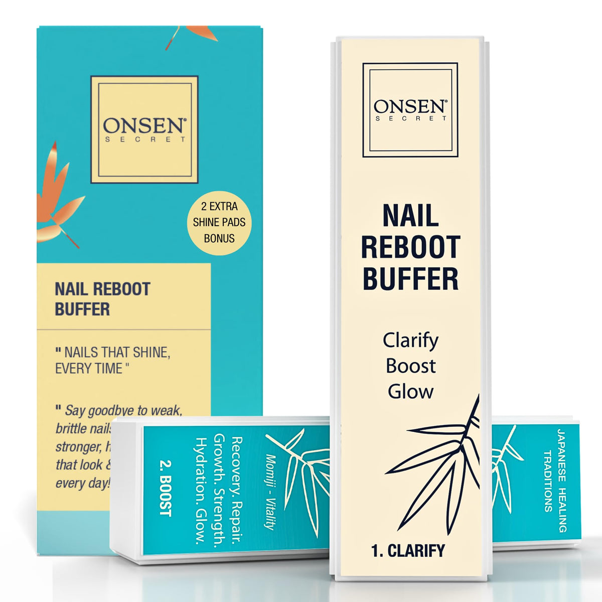 Onsen Secret bloque-lima-4-vías ofrece acabado natural y brillo suave para uñas.