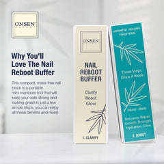 Buffer de uñas Onsen Secret incluido para un acabado pulido.