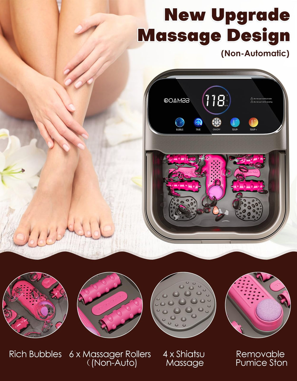 Spa para pies OOAMBB con ajuste de temperatura para personalización suave.