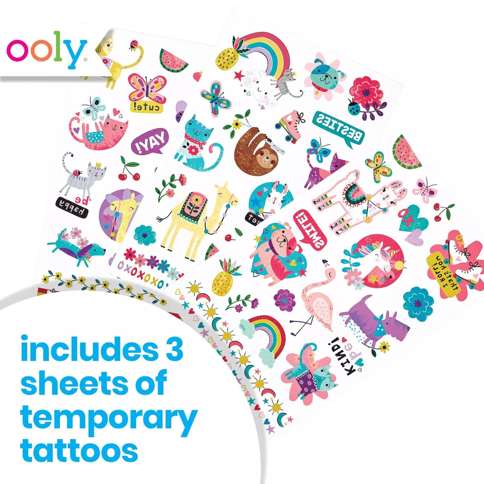 Conjunto de 3 hojas de tatuajes Ooly para repartir en fiestas temáticas.