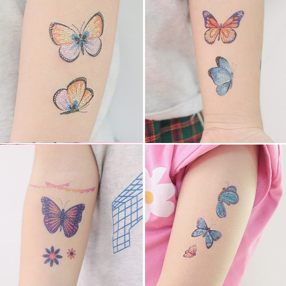 Ooopsiun tatuajes de mariposa con brillo, ideales para manualidades y proyectos creativos.