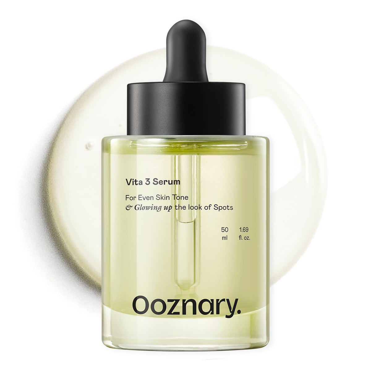 OOZNARY Vita 3 Serum, botella en primer plano, aporta resplandor natural a la piel.