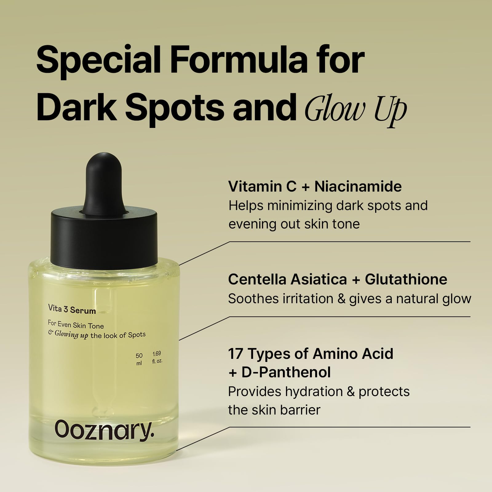 OOZNARY Vita 3 Serum, ingredientes clave para tono de piel más uniforme.