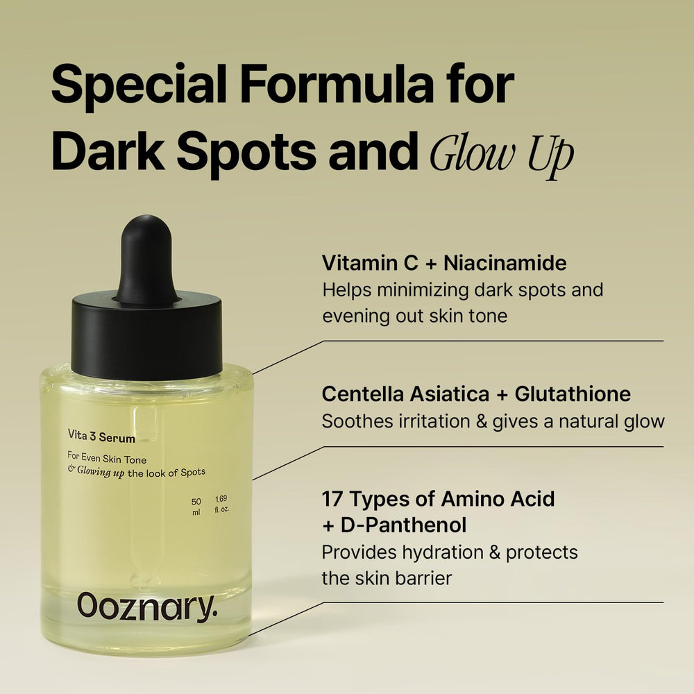 OOZNARY Vita 3 Serum, ingredientes clave para tono de piel más uniforme.