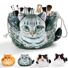 Openhahaha bolsa maquillaje gato gris atigrado con cordon para organizacion diaria