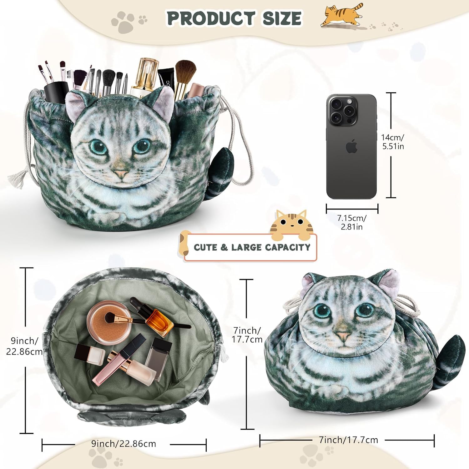 Openhahaha cabeza gato 3d en bolsa cosméticos para toque divertido