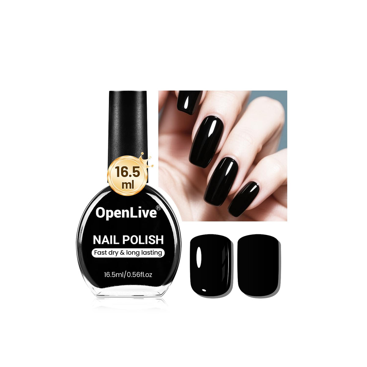 OpenLive Esmalte Negro 16.5 ml, botella brillante para manicura diaria.