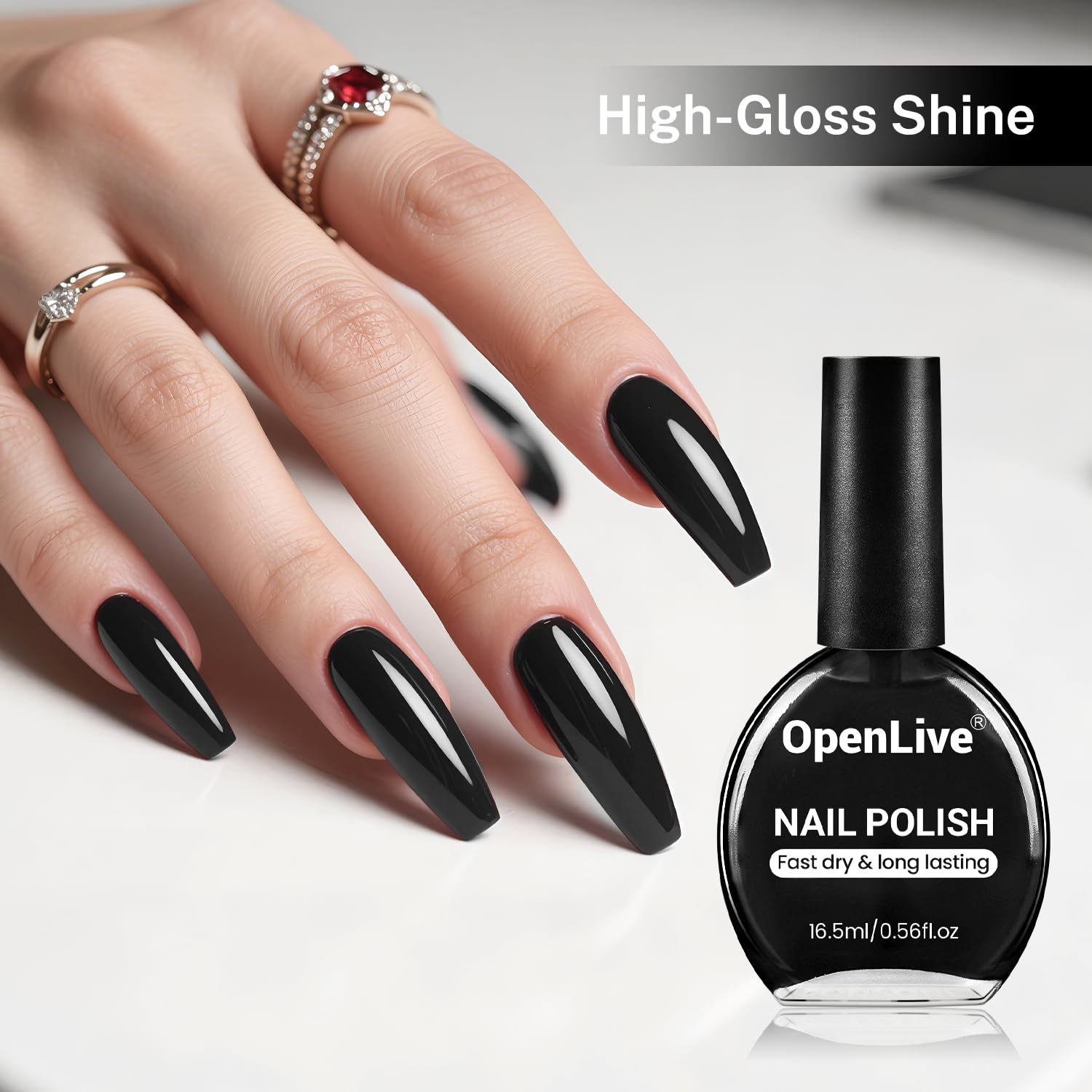 OpenLive Esmalte Negro, acabado de alto brillo que luce elegante.