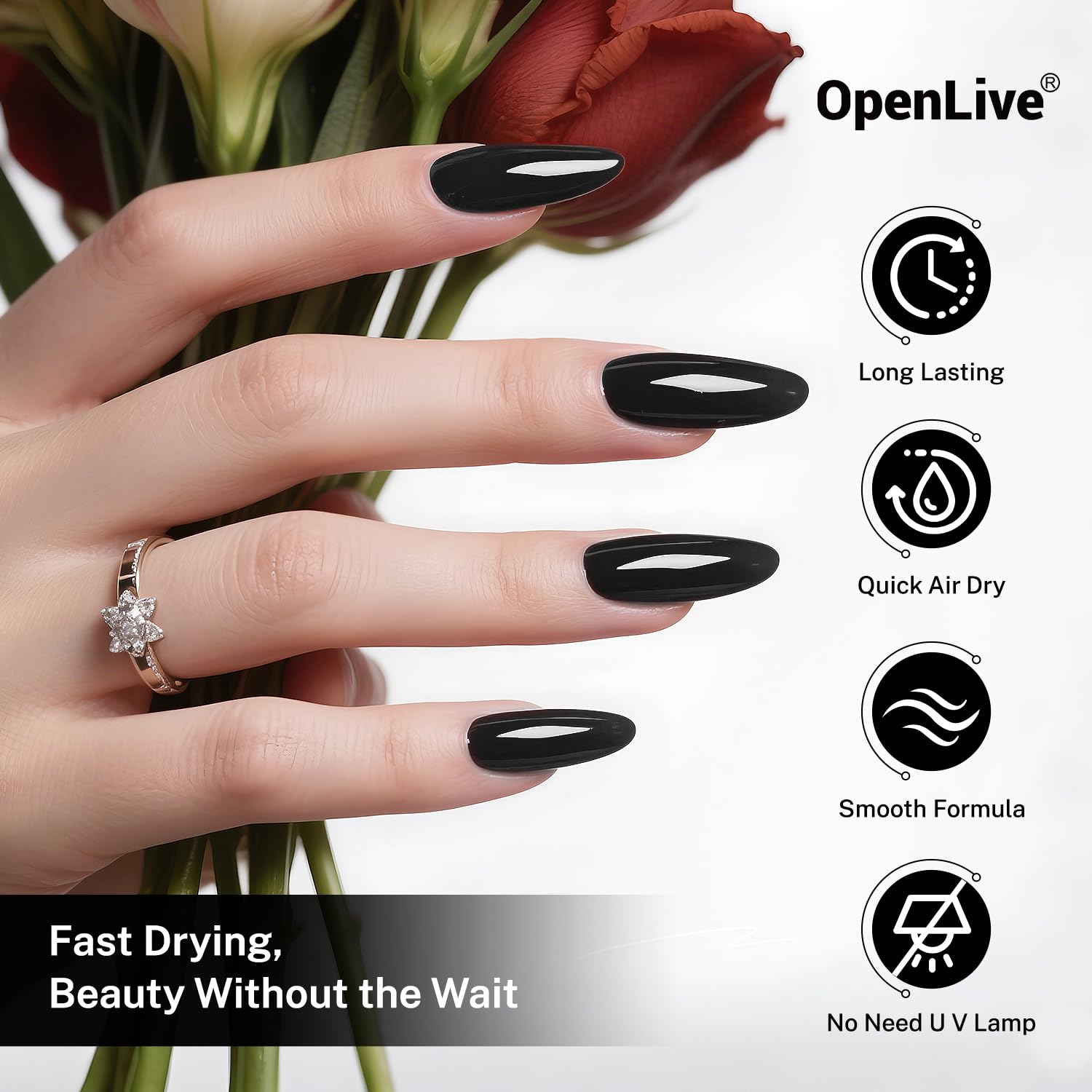 OpenLive Esmalte Negro, base ideal para arte de uñas en casa.