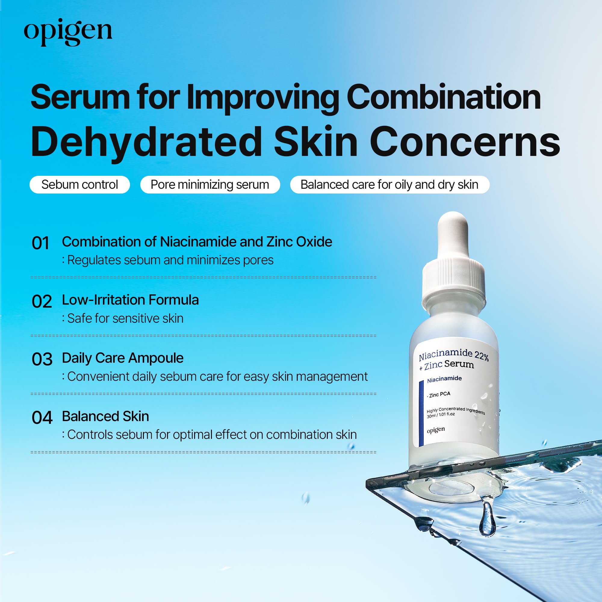Opigen Niacinamida 22% + Zinc, aplicación en la piel para poros y textura más suave