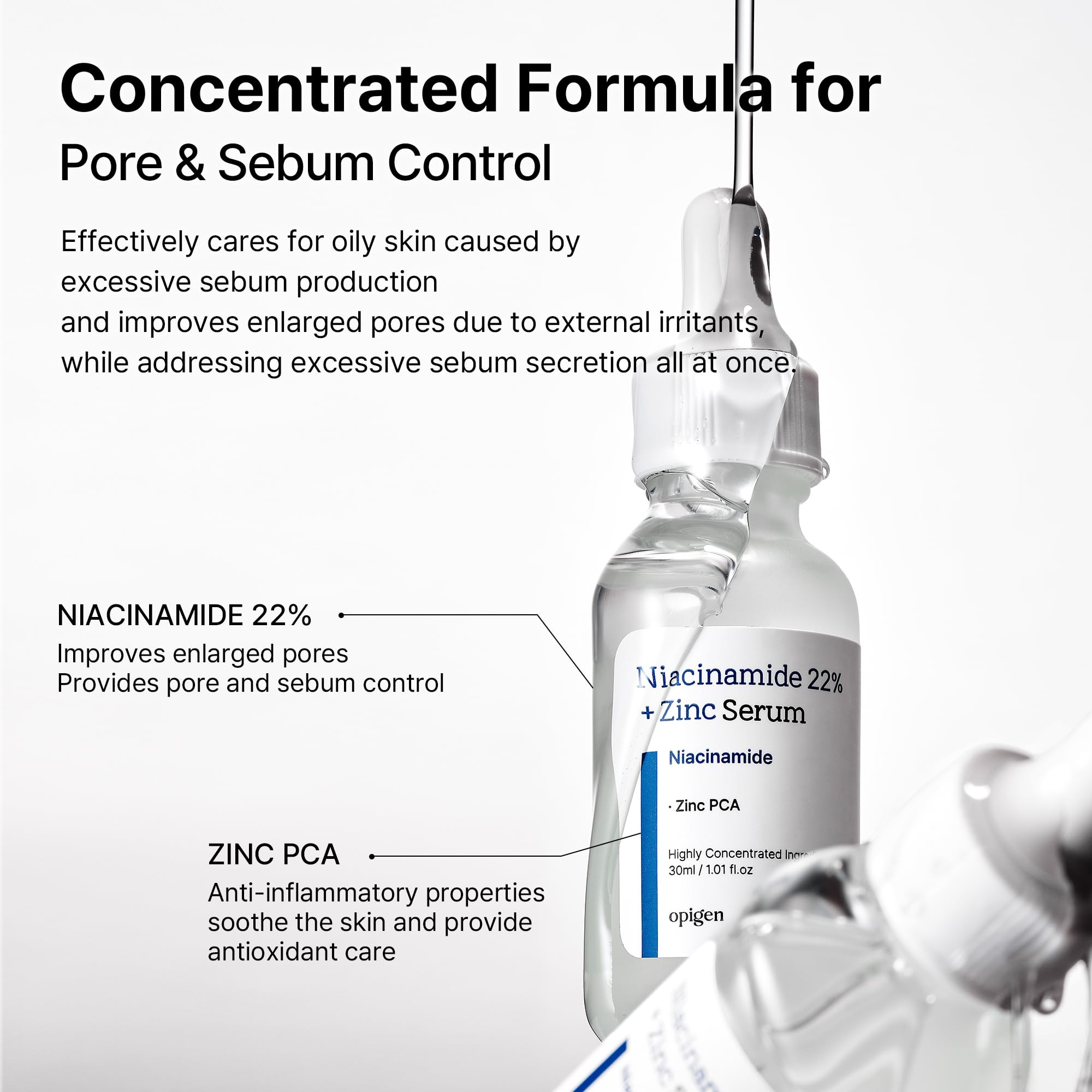 Opigen Niacinamida 22% + Zinc, parte de la rutina facial para equilibrar piel grasa