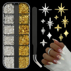 OPMADM estrellas adornos uñas: brillo plateado y dorado para diseños hechos en casa.