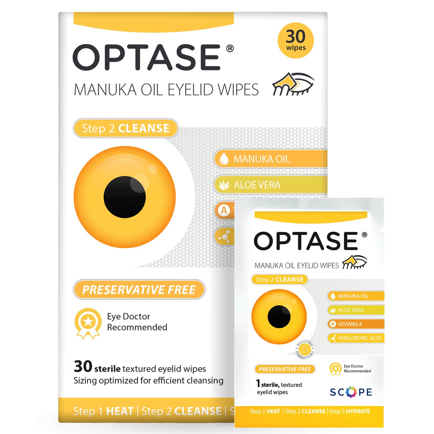 Optase toallitas de Manuka con aceite en empaque de 30 unidades para higiene diaria de párpados.