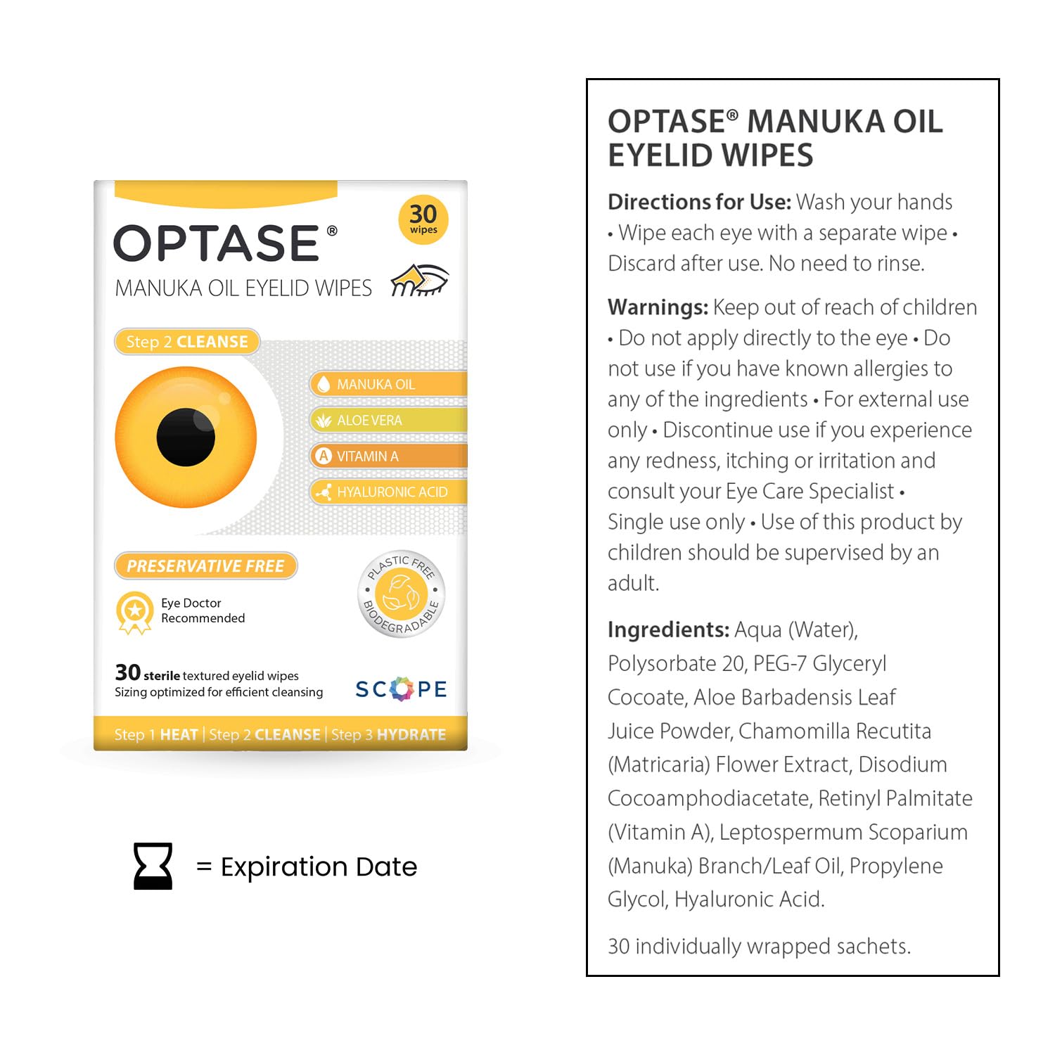 Toallita individual Optase con aceite de Manuka, ideal para uso diario sin enjuague.