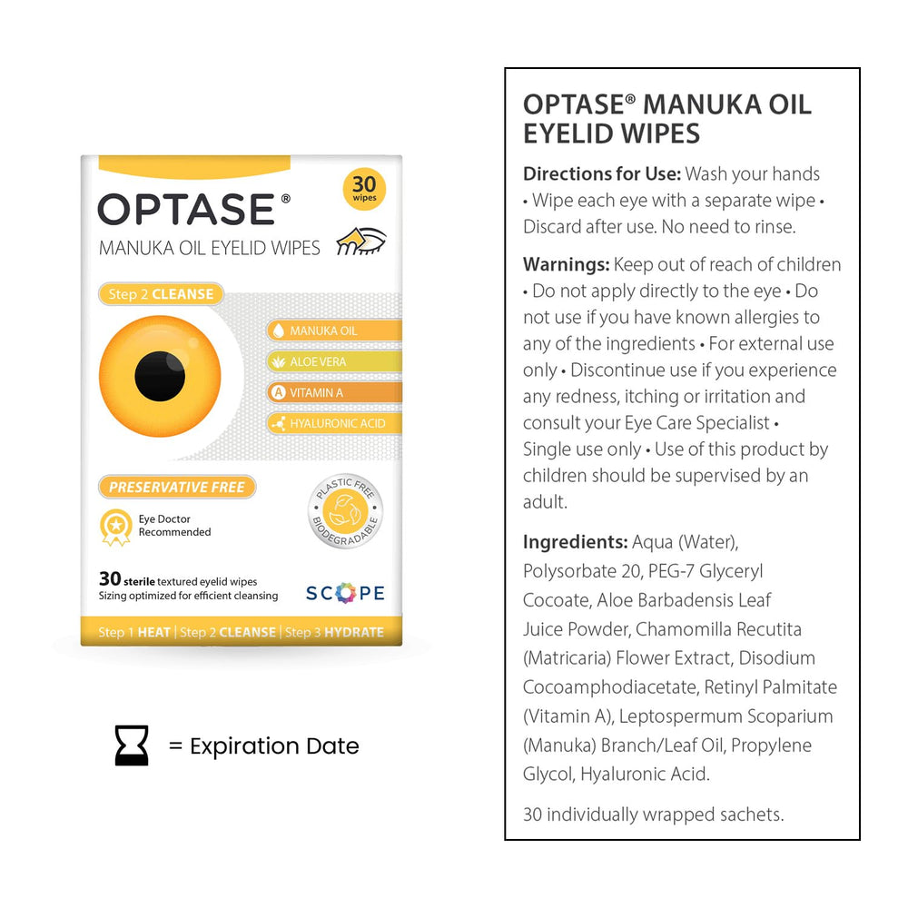 Toallita individual Optase con aceite de Manuka, ideal para uso diario sin enjuague.
