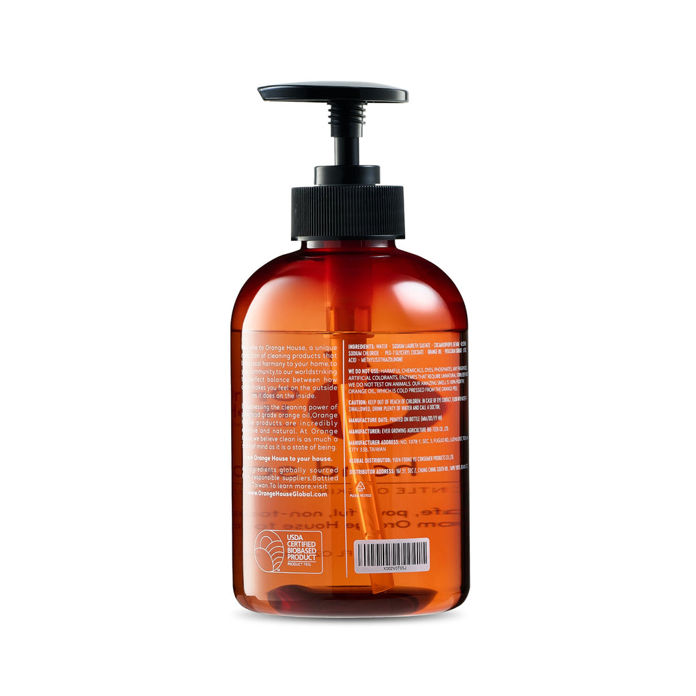 ORANGE HOUSE Jabon líquido, etiqueta del producto destaca certificación de calidad.