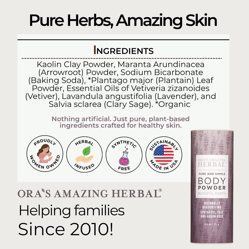 Después de depilarse, Ora's Amazing Herbal Blissful Earth suaviza y seca la piel.