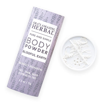 Ora's Amazing Herbal Blissful Earth con lavanda, polvo suave para uso diario en la piel.
