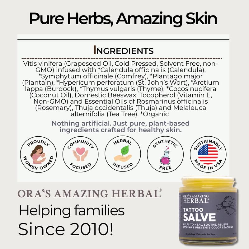 Envase de vidrio sin plástico de Ora's Amazing Herbal Tattoo Salve.