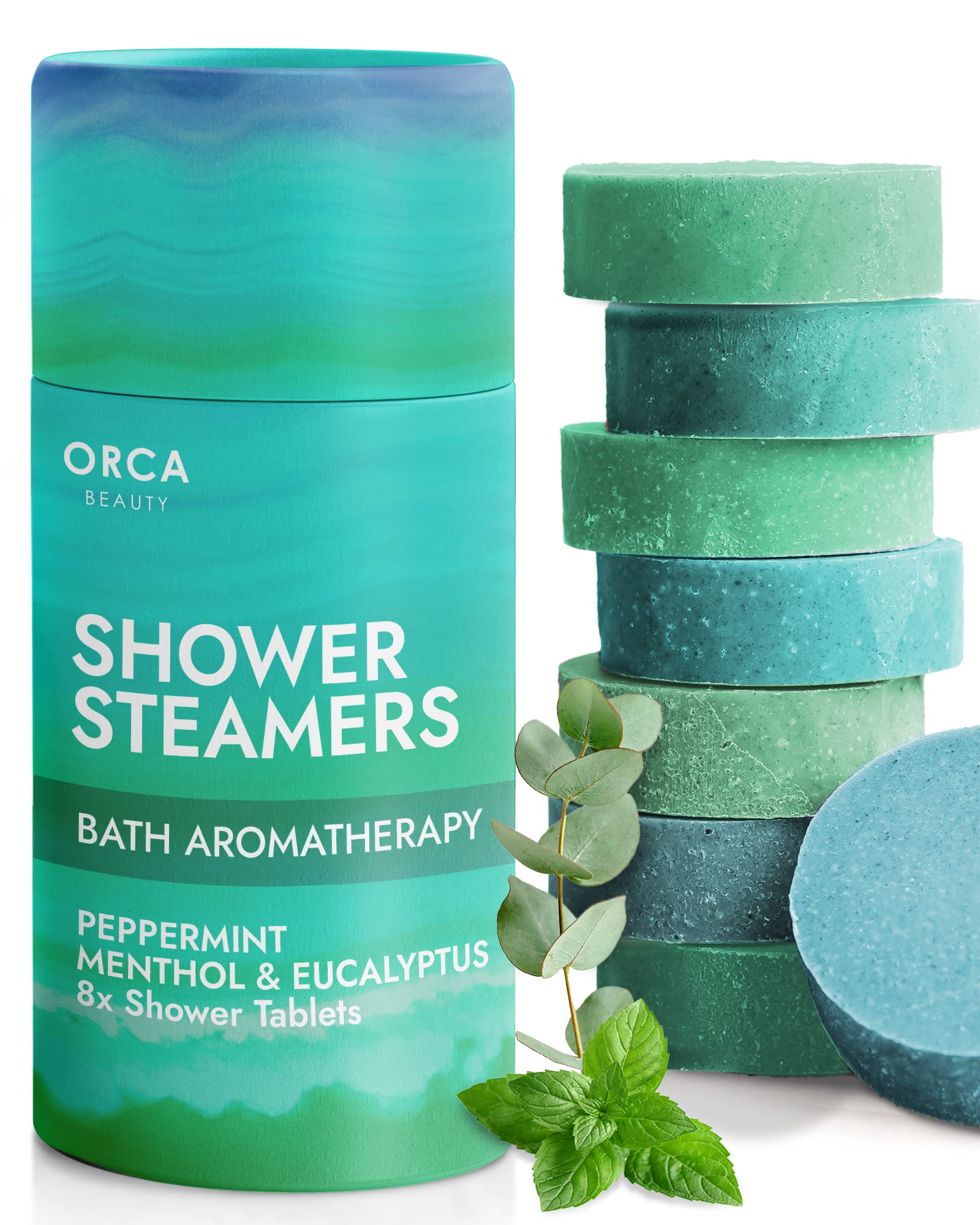 Orca Beauty tabletas de ducha con menta para relajación en casa.