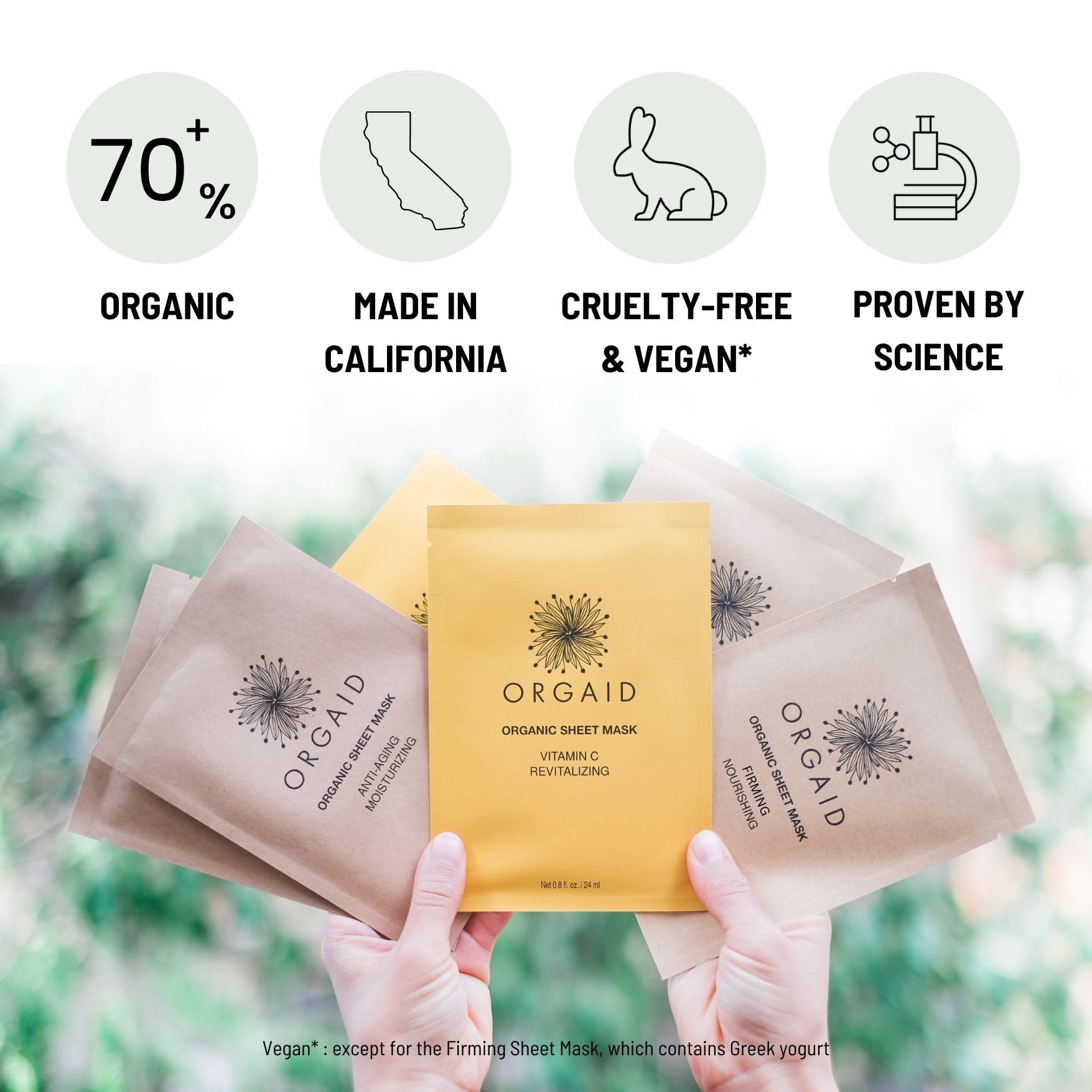 ORGAID mascarilla de hojas orgánicas con vitamina C para iluminación suave.