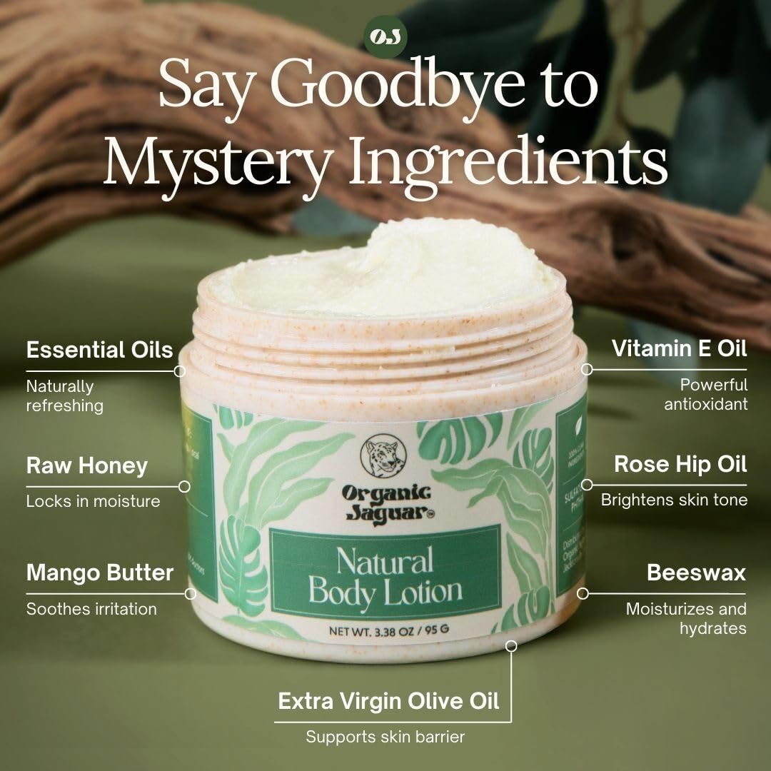 Organic Jaguar crema corporal, ingredientes naturales destacados, cuidado suave para la piel.