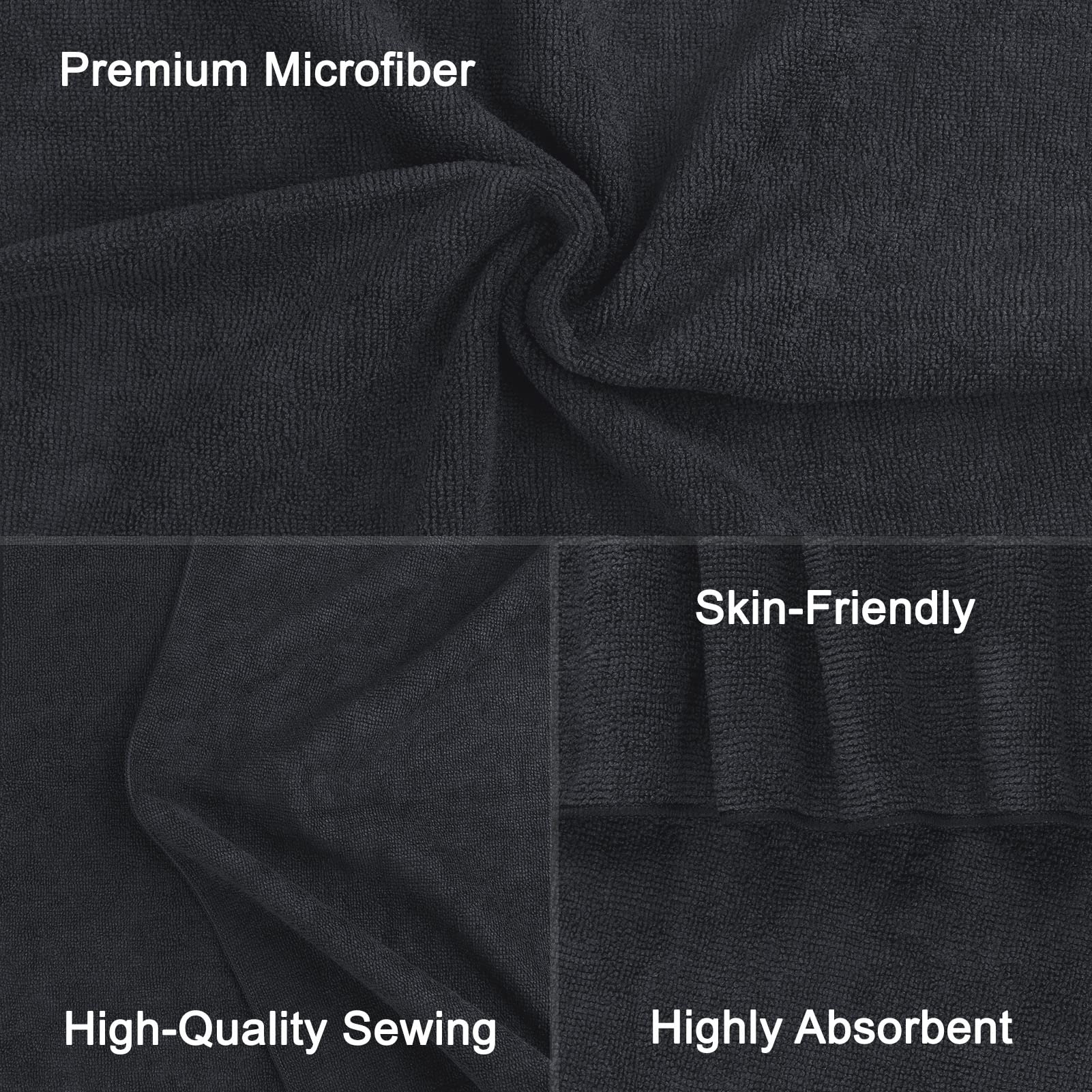 Orighty toalla microfibra negra, detalle de costuras duraderas para lavados frecuentes.