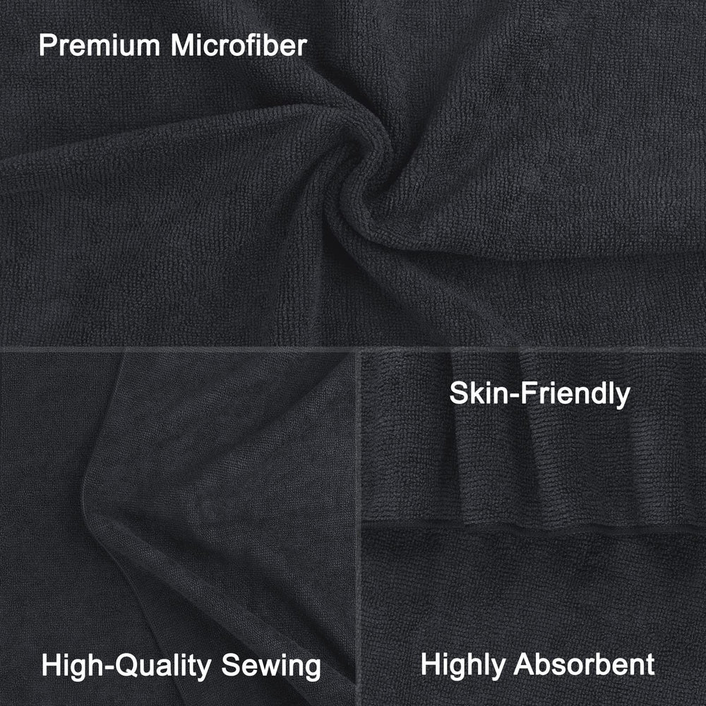 Orighty toalla microfibra negra, detalle de costuras duraderas para lavados frecuentes.