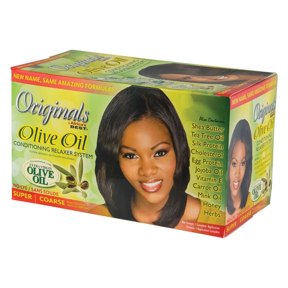 Originals by Africa's Best kit-relajante-capilar con aceite de oliva, envase visible para hidratación.