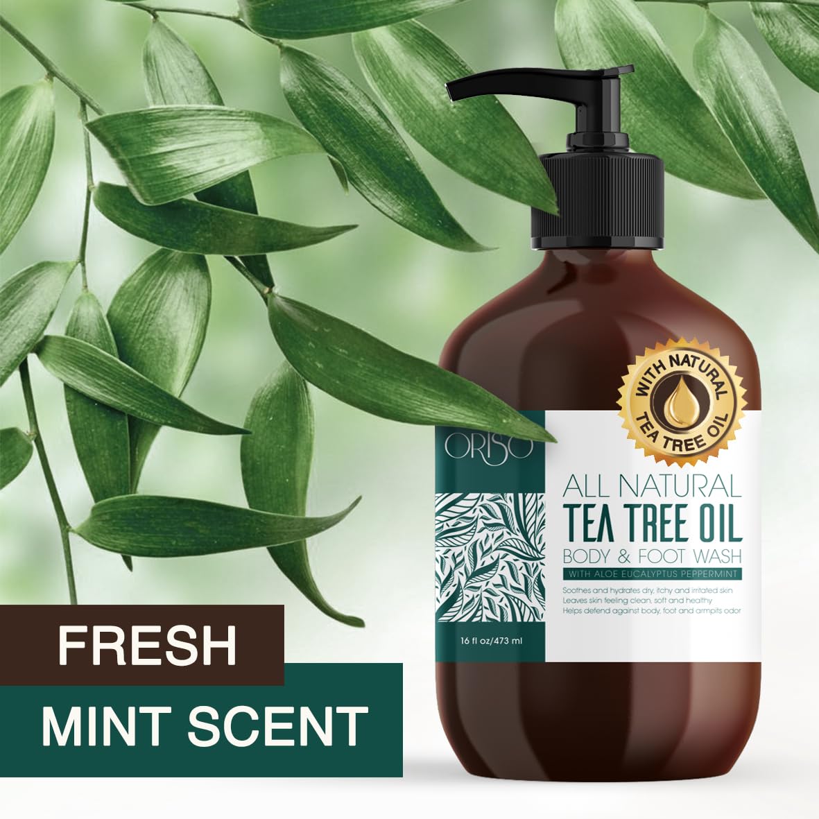 ORISO Tea Tree Oil Body Wash espuma densa para limpieza efectiva.
