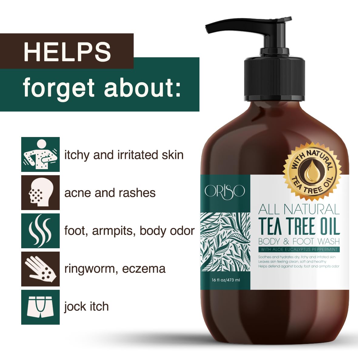 ORISO Tea Tree Oil Body Wash aroma fresco para evitar olores.