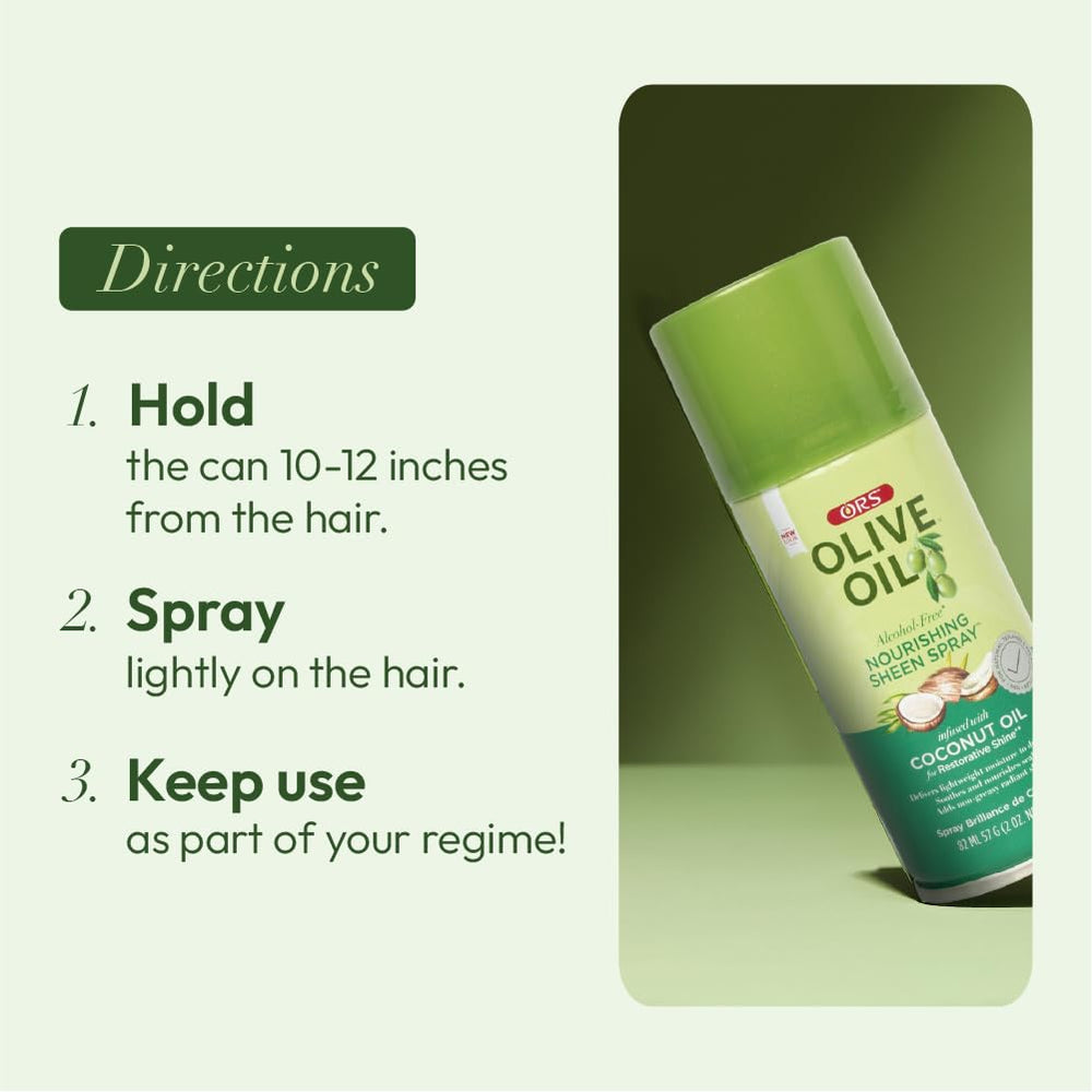 ORS Aerosol Brillo Nutritivo, brillo final en cabello, listo para peinar.